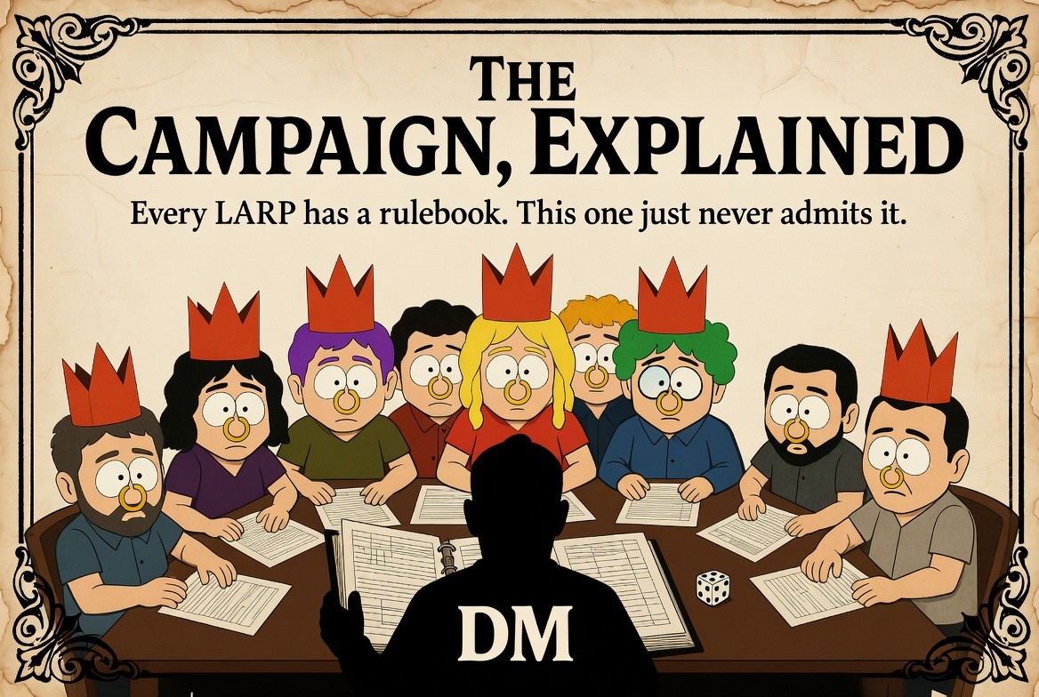 The Campaign, Explained &mdash; the party seated around the Dungeon Master's table