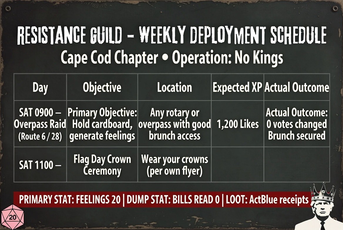 Resistance Guild weekly deployment schedule: Saturday overpass raid, expected XP 1200 likes, actual outcome 0 votes changed, brunch secured